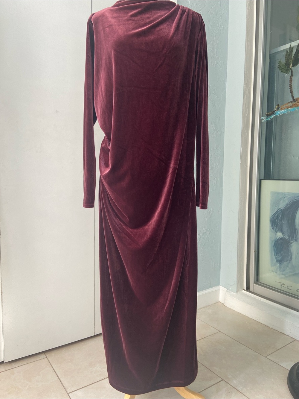 Ashley Graham Long-Sleeve Velvet Maxi Dress - Wine